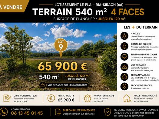 Terrain constructible viabilisé à vendre 65 900 € 540 m² de terrain Ria-Sirach 66500