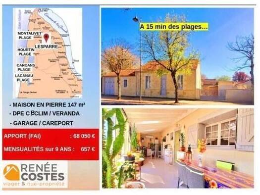 Maison en viager occupé Bouquet 69 000 € 6 pièces 3 chambres 147 m² 483 m² de terrain Lesparre-Médoc 33340