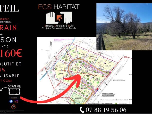 Terrain avec maison neuve à vendre 189 160 € 5 pièces 2 chambres 67 m² 400 m² de terrain Plateau Le Teil 07400