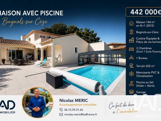 Maison à vendre 442 000 € 5 pièces 3 chambres 144 m² 655 m² de terrain Périurbain Sud Ouest Bagnols-sur-Cèze 30200