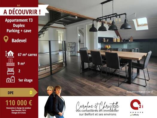 Duplex à vendre 110 000 € 3 pièces 1 chambre 66,83 m² Étage 2/3 Badevel 25490