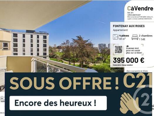 Appartement à vendre - Première occupation 395 000 € 4 pièces 2 chambres 83 m² Étage 2/6 Fontenay-aux-Roses 92260