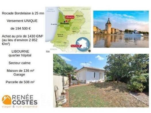 Maison en viager occupé Bouquet 194 500 € 5 pièces 3 chambres 136 m² 508 m² de terrain Avenue-Foch la Ganne Libourne 33500