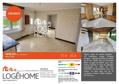 Maison de plain-pied à vendre 199 000 € 4 pièces 3 chambres 90,8 m² 220 m² de terrain Herlies 59134