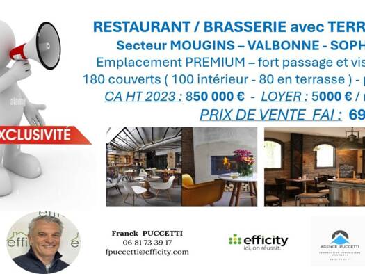 Restaurant à vendre Fonds de commerce 699 000 € 480 m² d'espace de restauration Ecarts Sud Valbonne 06560