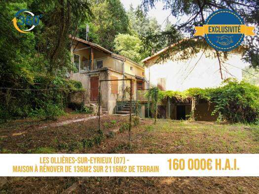 Maison à vendre 160 000 € 5 pièces 3 chambres 136 m² 2 116 m² de terrain Les Ollieres sur Eyrieux 07360
