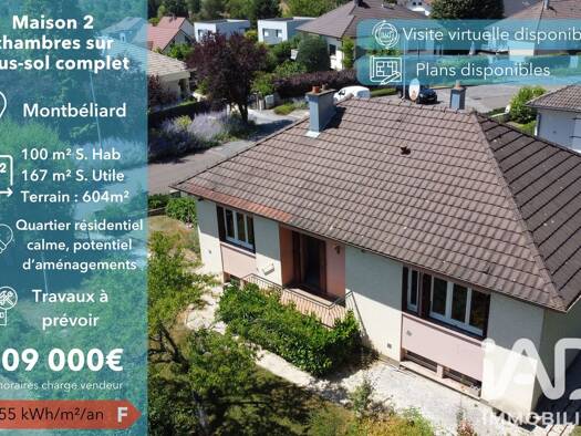 Maison à vendre 109 000 € 5 pièces 2 chambres 100 m² 604 m² de terrain Petite Hollande-Coteau Jouvent Montbéliard 25200