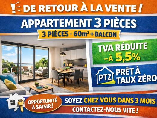 Appartement à vendre - neuf 213 000 € 3 pièces 2 chambres 61 m² Étage 1/5 Prévoyants-Chanteloup-Pont de l'Union Aulnay-sous-Bois 93600