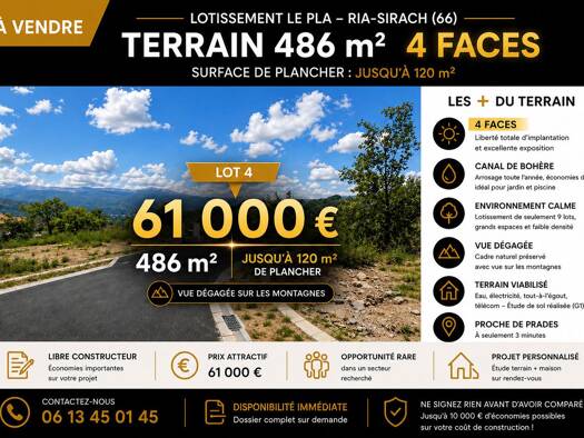 Terrain constructible viabilisé à vendre 61 000 € 486 m² de terrain Ria-Sirach 66500