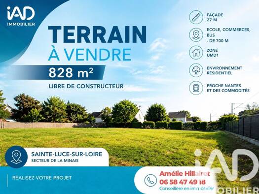 Terrain constructible à vendre 190 000 € 828 m² de terrain Bellevue-La Bougrière-La Gicquelière Sainte-Luce-sur-Loire 44980