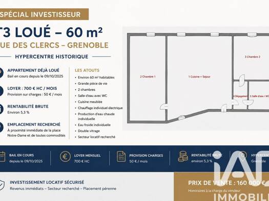 Appartement à vendre 160 000 € 3 pièces 2 chambres 60 m² Étage 1/4 Centre-ville - Victor Hugo Grenoble 38000