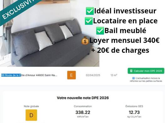 Appartement à vendre 65 000 € 1 pièce 13 m² RDC Porcé Saint-Nazaire 44600
