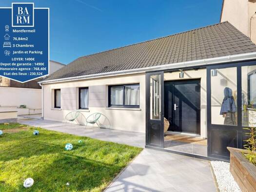 Maison de plain-pied à louer 1 490 € 4 pièces 3 chambres 76,8 m² 357 m² de terrain Montfermeil 93370