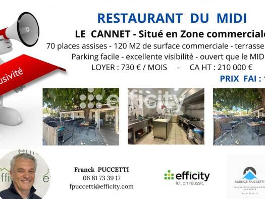 Restaurant à vendre Fonds de commerce 187 000 € 70 m² d'espace de restauration Blanchisserie Le Cannet 06110