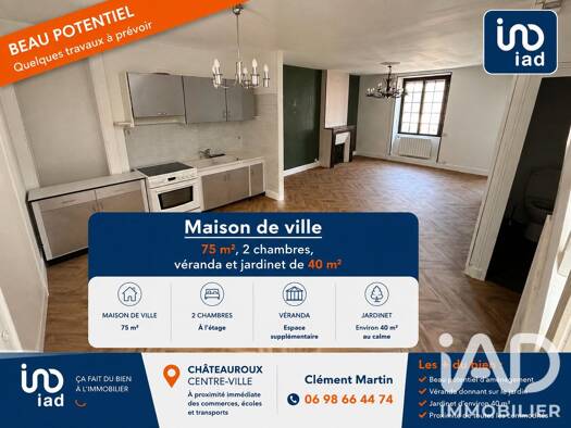 Maison de ville à vendre 88 000 € 4 pièces 2 chambres 75 m² 40 m² de terrain Saint Jean Nord Châteauroux 36000