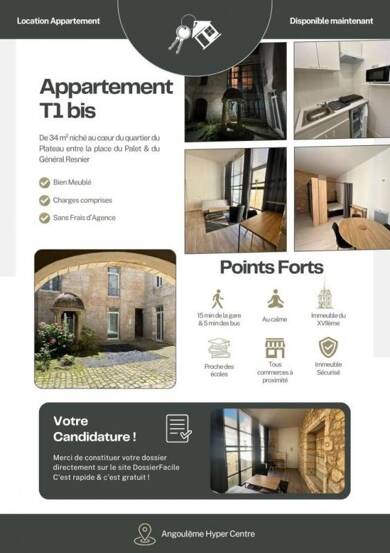 Appartement à louer 650 € 1 pièce 34 m² Vieil Angoulême-Centre Ville Angoulême 16000