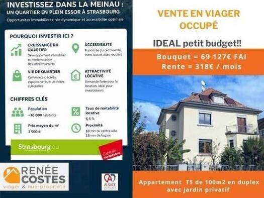 Duplex en viager occupé Bouquet 69 127 € 5 pièces 3 chambres 100 m² Étage 2/3 Plaine des Bouchers-Centre Strasbourg 67100