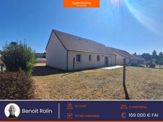 Maison de plain-pied à vendre 169 000 € 4 pièces 3 chambres 90 m² 702 m² de terrain Le Luart 72390