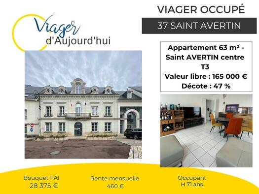 Appartement en viager occupé Bouquet 28 375 € 3 pièces 2 chambres 63 m² Étage 2/3 Saint-Avertin 37550