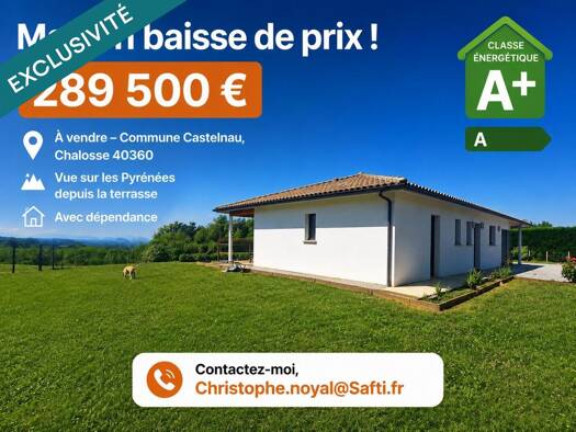 Maison à vendre 288 500 € 5 pièces 3 chambres 114 m² 2 500 m² de terrain Castelnau-Chalosse 40360