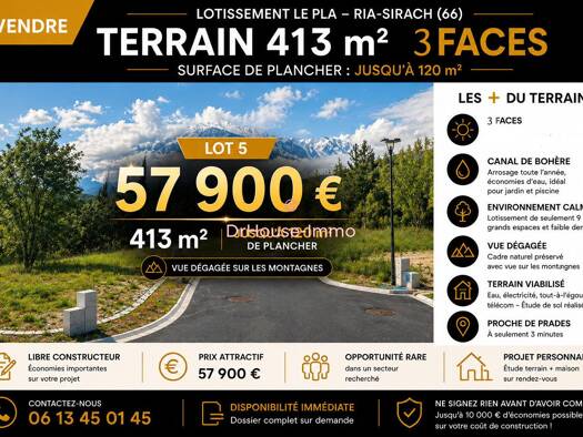 Terrain constructible viabilisé à vendre 57 900 € 413 m² de terrain Ria-Sirach 66500