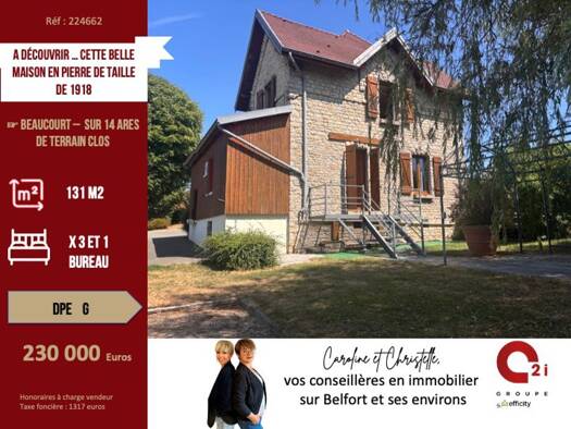 Maison à vendre 230 000 € 5 pièces 3 chambres 130,46 m² 1 464 m² de terrain Nord Beaucourt 90500