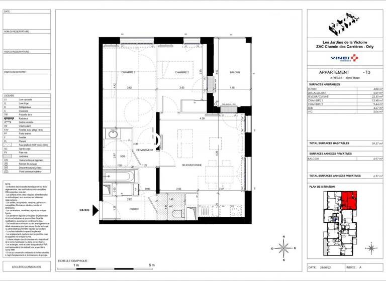Appartement à louer 1 120 € 3 pièces 2<br/>chambres 59,4 m²<br/>superficie RDC<br/>étage Orly 94310