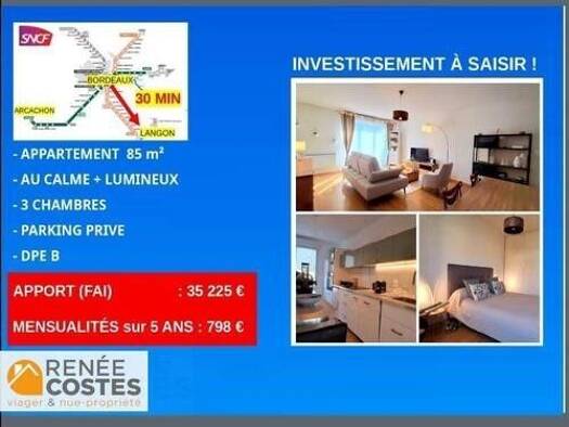 Appartement en viager occupé Bouquet 35 225 € 4 pièces 3 chambres 85 m² Étage 1/3 Mazères 33210