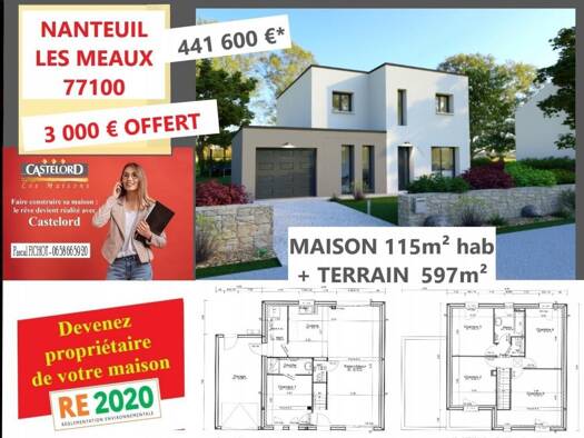 Terrain avec maison neuve à vendre 441 600 € 6 pièces 5 chambres 115 m² 595 m² de terrain Couilly-Pont-Aux-Dames 77860