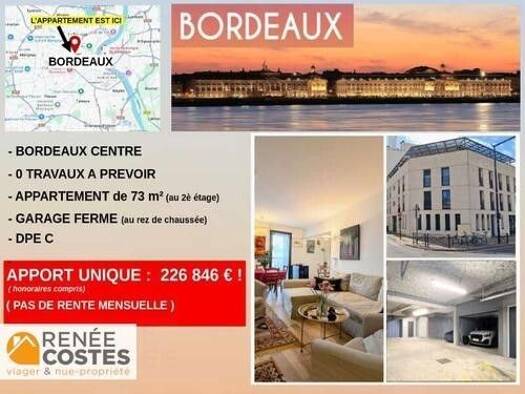 Appartement en viager occupé Bouquet 226 846 € 3 pièces 2 chambres 74 m² Étage 2/3 Centre ville Bordeaux 33000