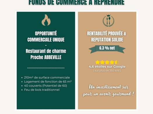 Restaurant à vendre Fonds de commerce 155 000 € 275 m² d'espace de restauration Abbeville 80100