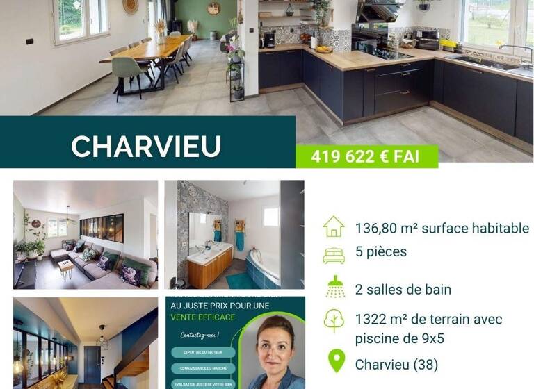 Maison à vendre 419 622 € 6 pièces 5<br/>chambres 136,8 m²<br/>superficie 1 378 m²<br/>terrain Proche Couronne Charvieu-Chavagneux 38230